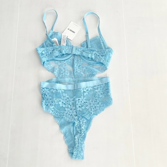 NEW Forever 21 Sky Blue Sheer Lace Lingerie Bodysuit Thong - Picture 5 of 9